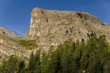 Fototapeta na wymiar View of Para dai Giai mountain as seen from Gardenacia refuge to Puez refuge trekking trail, Puez-Odle Nature park, Dolomites, Trentino, Alto Adige, South Tirol, Italy.