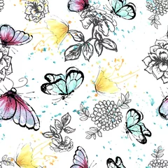 Gordijnen Trendy bloemen pink,blue and yellow butterflies with flowers pattern. Black line on watercolor  © mlanaa