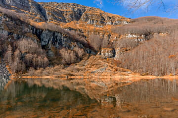 Beautiful view of Lago Santo Modenese lake, on a sunny autumn day, Pievepelago, Italy