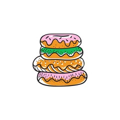 Isolated donuts on a white background.Sweet sugar icing donuts. break time with white chocolate, strawberry and chocolate donuts top view.