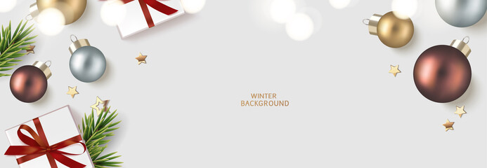 New Year and Christmas design template. Xmas background with decorative golden, brown and silver ball, gold star confetti, fir twig, white lights and gift box on gray. Vector stock illustration.