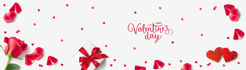 Happy Valentine's Day design template. Vector lettering. Holiday greeting text. Valentines Day background with gift box, red hearts, confetti,  rose and red rose petals.
