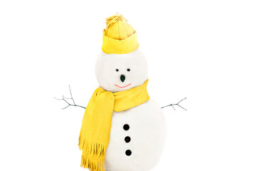 Snowmen wearing winter hat. scarf on a white background in trendy yellow color of 2021.