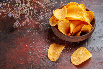 Side view of homemade delicious crispy potato chips inside and outside of brown pot on dark...