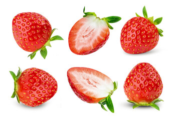 fly strawberry Fresh piece and sliced strawberry healthy fruit  on white background isolated.Collection.