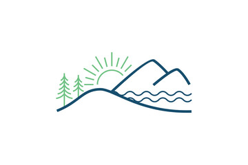 Mountain logo outdoor - adventure wildlife pine tree forest design, hiking exploration nature, camping basecamp campfire. Hill lake view.