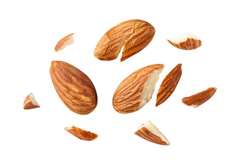 almonds baked pieces snack  and cracks Spread out  on white isolated .Clipping path -