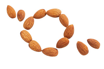 almond raw piece fly almond full macro shoot nuts healthy food ingredient on white isolated .Clipping path