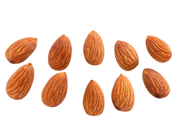 almond raw piece fly almond full macro shoot nuts healthy food ingredient on white isolated .Clipping path