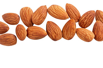 almond raw many fly almond full macro shoot nuts healthy food ingredient on white isolated .Clipping path