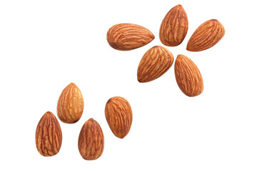 almond raw .fly almond full macro shoot nuts healthy food ingredient on white isolated .Clipping path