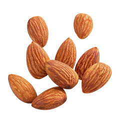 almond raw piece fly almond full macro shoot nuts healthy food ingredient on white isolated .Clipping path