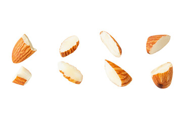 Almond  Fragments pieces Crack. almond Clipping Path on white isolated .Image stack Full depth of field macro