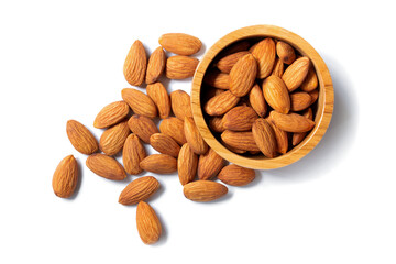 Almonds  in wooden cup  at an angle top view