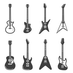 Electric, acoustic guitars with black and whites bodies icons set. Stringed musical instruments.