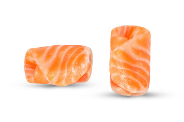 Fresh salmon Sliced roll up uncooked. salmon Clipping Path on white isolated .Image stack Full depth of field macro