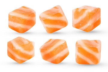 Fresh salmon cubes of red fish ingredient  for sushi or salad salmon Clipping Path on white isolated .Image stack Full depth of field macro