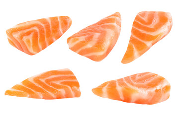 Fresh salmon filleted pieces  uncooked isolated salmon Clipping Path on white isolated .Image stack Full depth of field macro