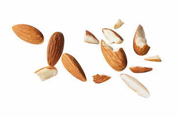 almond piece fly explosion on white isotated