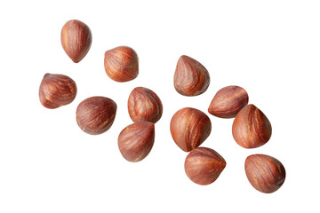 full hazelnuts halfs fly with nut type  on white isolated background