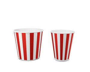 Popcorn paper cup and cola coca bottles red and white striped cardboard bucket package for food and drink, soda water pop, corn, 3D rendering illustration design isolated on white background
