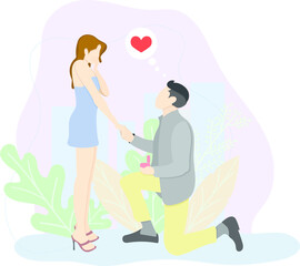 Proposal. Man loves woman. Guy makes girl an offer. Marriage proposal.Marry me.Love Engagement, Betrothal Proposal. Young Man Stand on Knee with Wedding Ring Making Offer to Woman Asking her Marry him