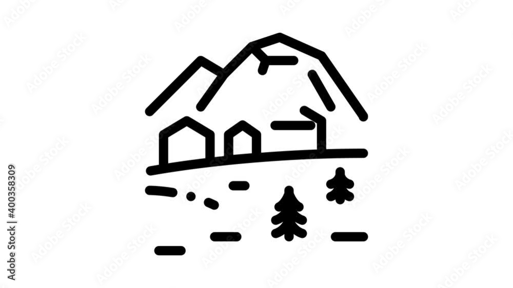 Sticker mountain village icon animation. black mountain village animated icon on white background