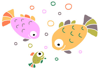 Cartoon fish family with mother, father and son in cute pastel colors