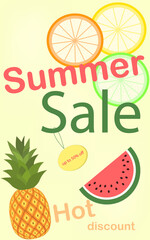 Summer discounts. Discount card. Citrus fruits, summer fruits on a bright yellow background. Discounts up to 50 . Warm summer colors. Vector illustration