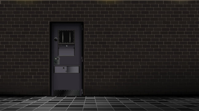 Prison interior, metal door and brick wall, dark background. Jail cell room. Concept design for quest and escape games. Happy deprivation freedom. Black detention centre. Vector Illustration