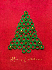 Christmas Greeting Card, Christmas Tree with Bells on Red Background. 