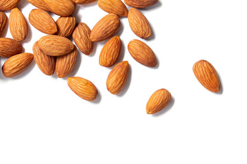 Almonds floating pieces on white isolated .almond  Image stack Full depth of field macro shot