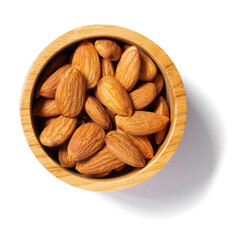 Almond in a wooden cup top view long shadow