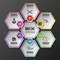 Information infographic statistic vector presentation. Graphic composition for your business presentations. Six hexahedron label for your annotations. 6 hexagon sticker for registration of proposals