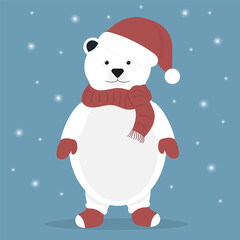 White cute bear in santa claus hat. Teddy bear in mittens and socks. Winter vector illustration