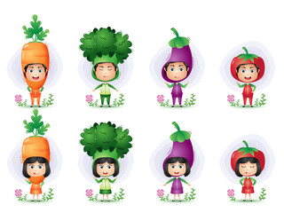 A children using the vegetables costume character. broccoli, eggplant, carrot and tomato