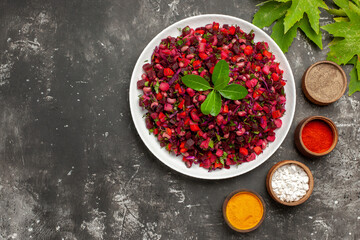 top view tasty vinaigrette beet salad with seasonings on dark background diet health meal