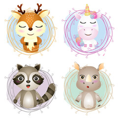 Set of cute animals cartoon in twigs, the character of cute deer, unicorn, raccoon and rhino