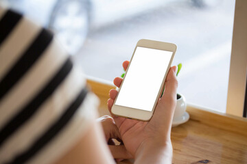 Blank display smartphone on shopping store online display text pay and shopping cart on screen