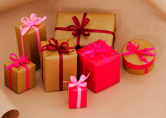 Gift boxs or present wrapped in craft paper.