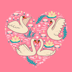 Postcard with swans on the pond. Vector graphics.