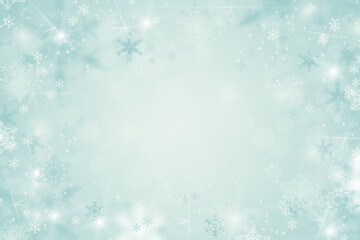 Pastel blue Christmas background with snowflakes, copy space