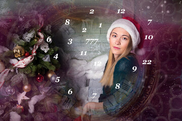 Portrait of a girl in a santa hat and numerology
