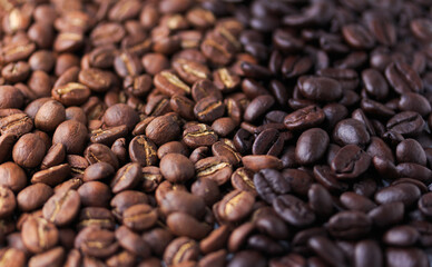 Obraz premium Coffee beans Different roast light Medium black coffee drink energy background soft focus