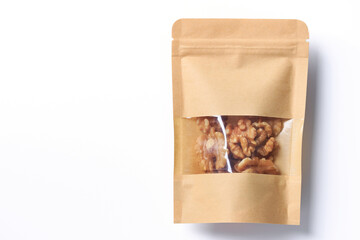 walnut in pouch product on white  isolated