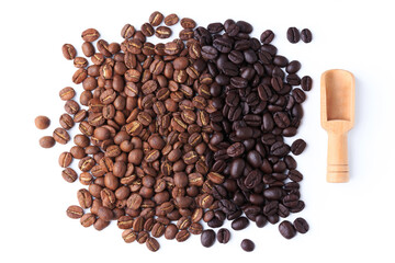 top coffee beans Different roast light Medium black coffee drink energy on white isolated