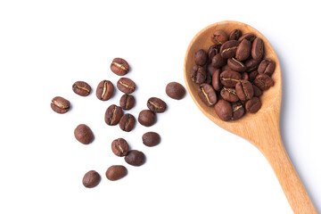 top coffee beans roast lMedium coffee drink energy in spoon wood on white isolated