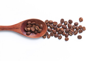 Obraz premium top coffee beans Different roast light Medium black coffee drink energy in spoon wood on white isolated