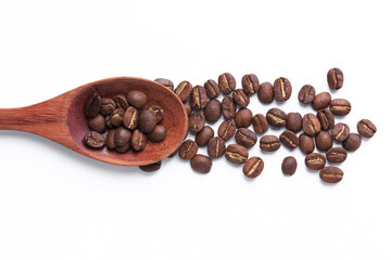 top coffee beans Different roast light Medium black coffee drink energy in spoon wood on white isolated