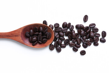 top coffee beans Different roast light Medium black coffee drink energy in spoon wood on white isolated